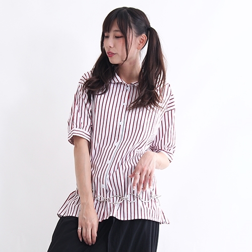ストライプ地セーラー襟半袖ブラウス DrugHoney フリーサイズ ホワイト系 半袖 レディース ブラウス [fes拍卖