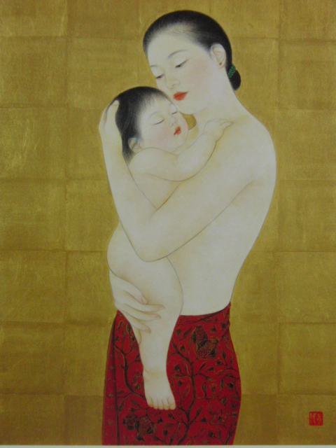 安田育代、【母と子】、希少な額装用画集より、新品額装付、状態良好、送料込み拍卖