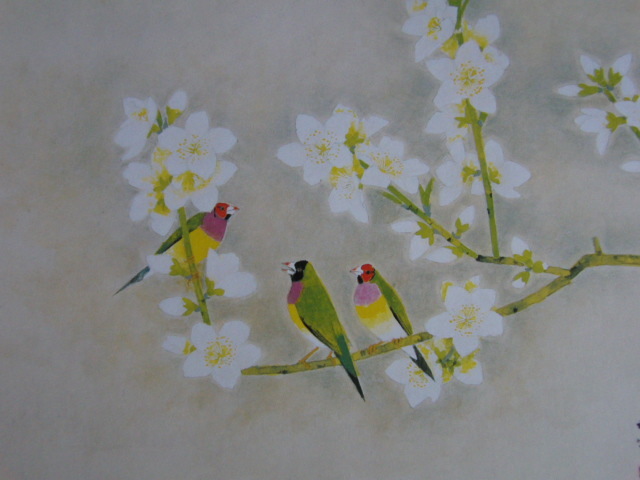 上村松篁、【春光(白桃に胡錦鳥)】、希少な額装用画集より、新品額装付、状態良好、送料込み拍卖