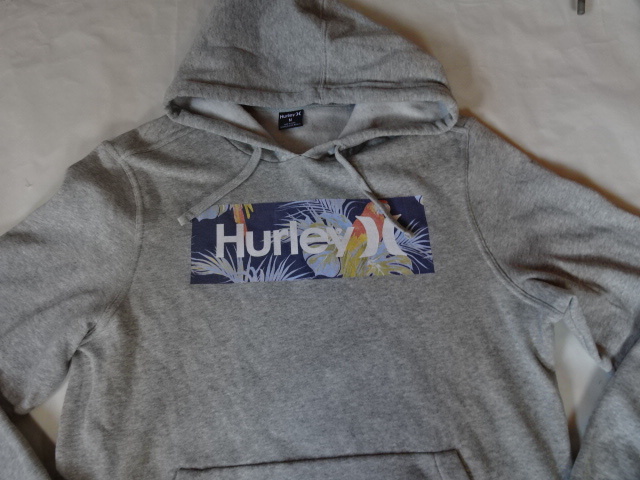 USA購入 人気サーフ系ブランド ハーレー【HURLEY】裏起毛 南国風ロゴプリント入り プルオーバーパーカーUS Mサイズ グレー拍卖
