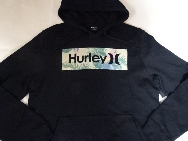 USA購入 人気サーフ系ブランド ハーレー【HURLEY】裏起毛 南国風ロゴプリント入り プルオーバーパーカーUS Sサイズ ブラック拍卖
