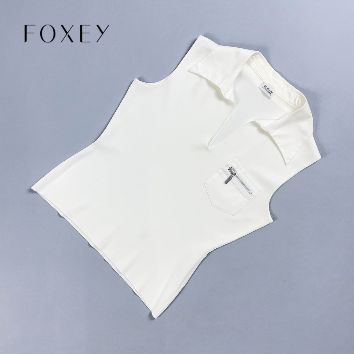 FOXEY BOUTIQUE フォクシーブティック Vネック ノースリーブ 襟付き ストレッチ トップス レディース 白 ホワイト サイズM*YC674拍卖
