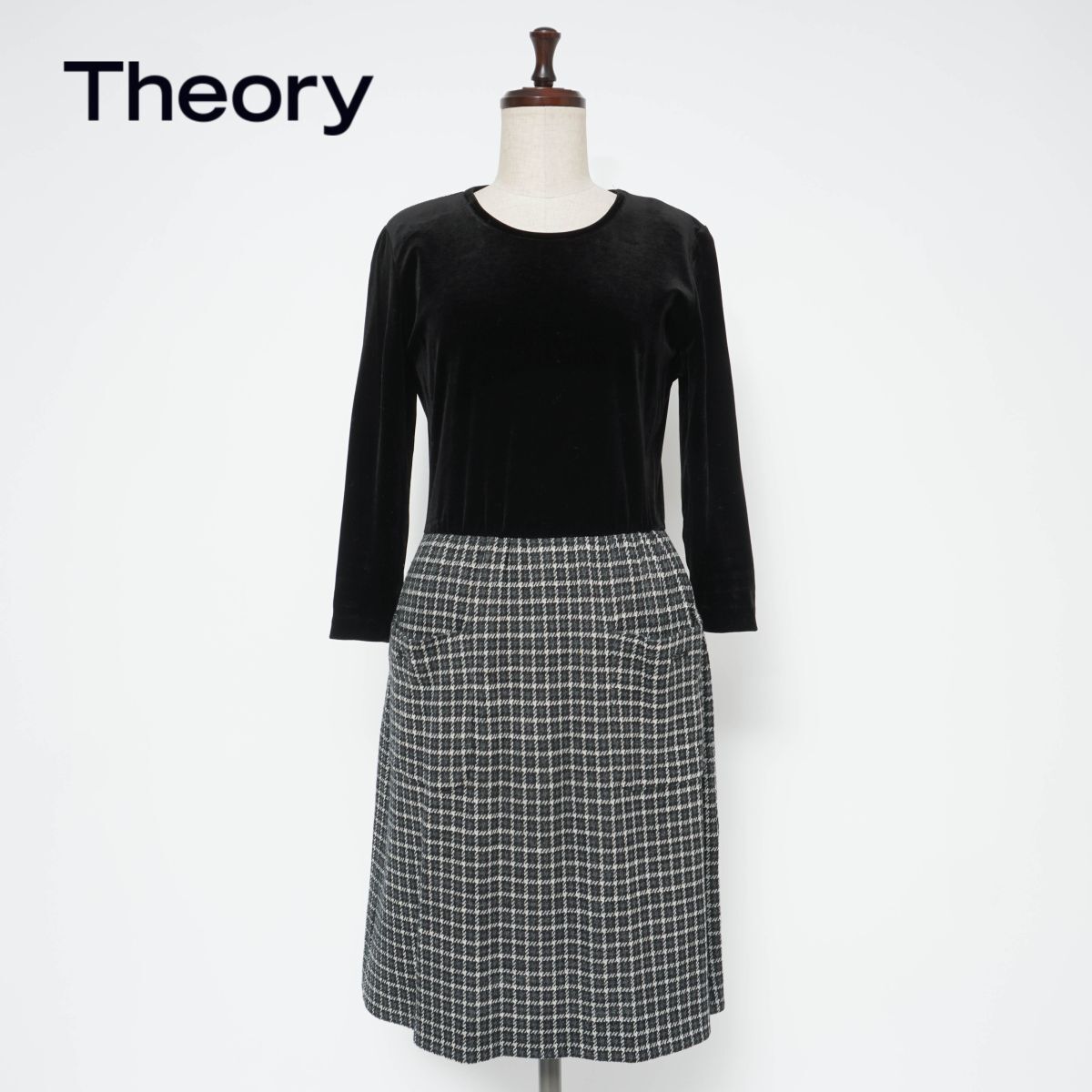美品 FOXEY RABBITS フォクシーラビッツ ウール混 切り替えワンピース ベロア レディース 千鳥格子 チェック ブラック 黒 サイズ40*YC649拍卖