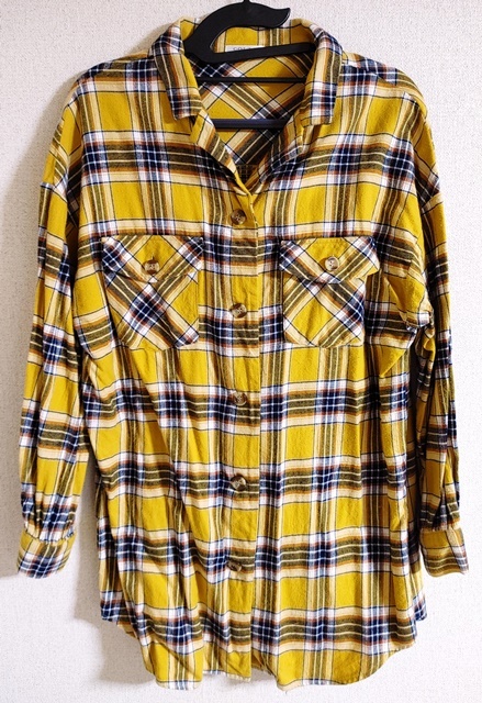 Mサイズ C・O・L・Z・A 長袖 ネルシャツ風 開襟 黄土色 からし色 チェック柄拍卖