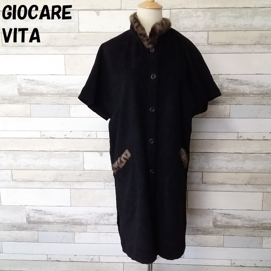 【人気】GIOCARE VITA イタリア製アンゴラ×カシゴラ混ヒョウ柄ファー付き半袖コート ブラック サイズ42 レディース/5467拍卖