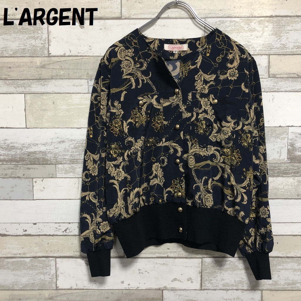 【人気】L'ARGENT 総スカーフ柄 ノーカーラーブルゾン ネイビーベース サイズM レディース/3462拍卖