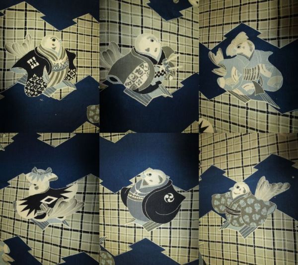 男6-45★ぷっくり雀*侍雀*新選組*羽織袴着物*正絹*古布はぎれ★一閑張り/掛軸/襖絵/屏風絵/アンティーク拍卖