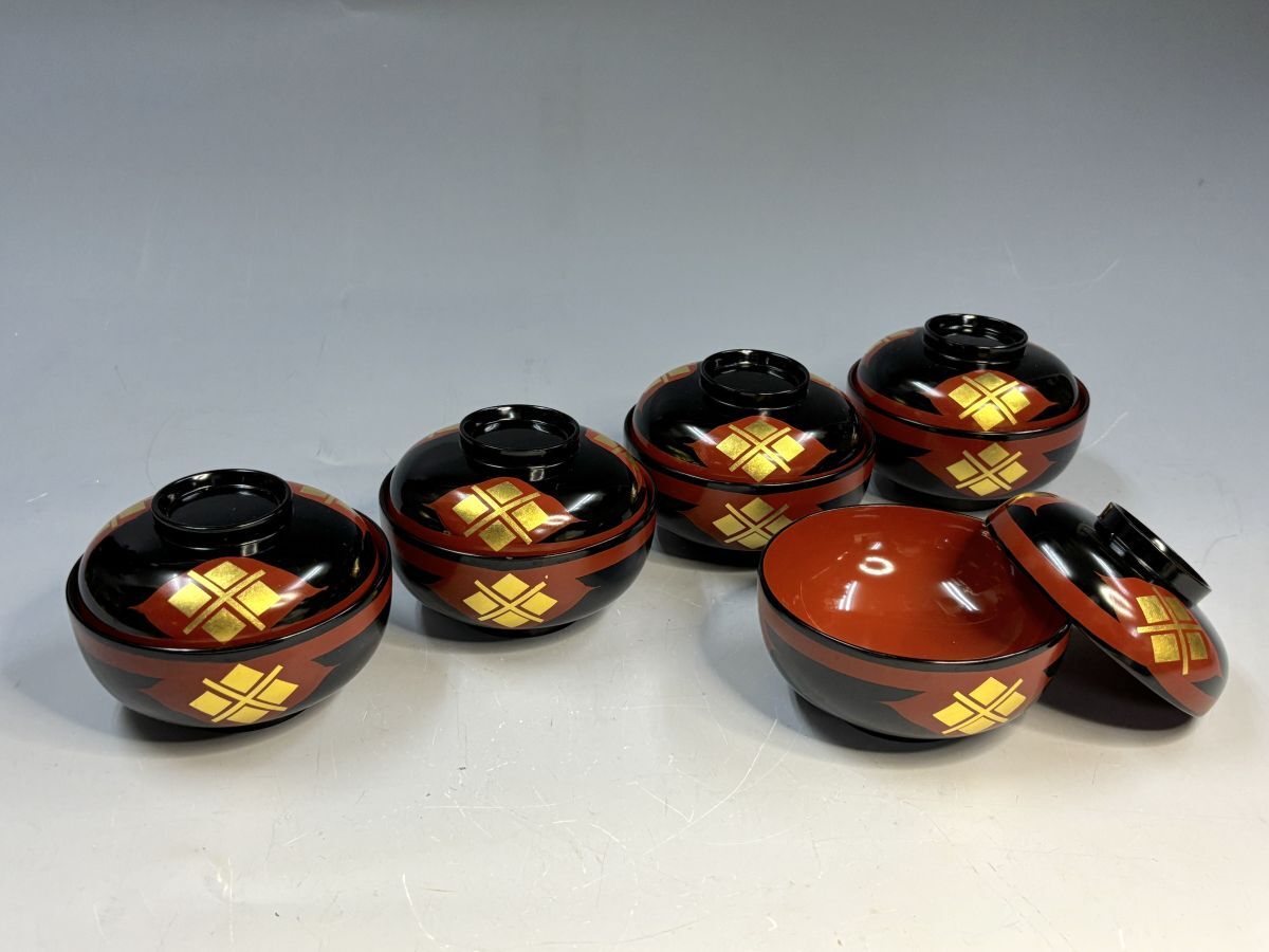 「うるみ工芸 南部秀衡塗 吸物椀 五客」 木製漆器 漆芸 懐石 会席 茶道 吸物椀 秀衡椀 蓋物椀 押印 元紙箱 3803-9500拍卖