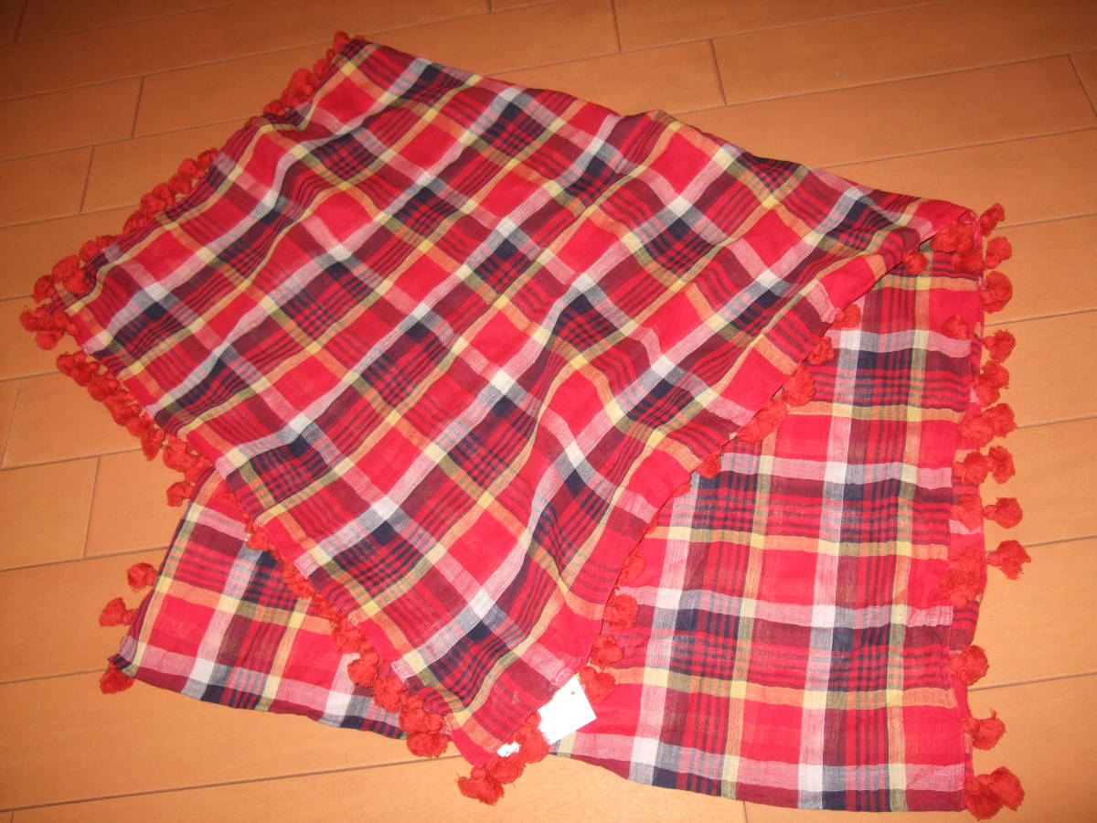 新品未使用品即決☆フリンジ付コットンストール☆赤系チェック拍卖