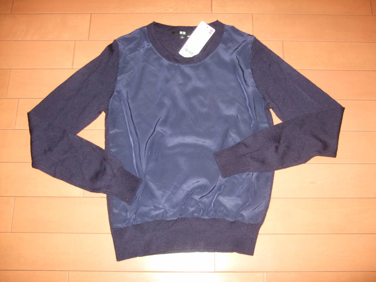 新品タグ即決☆ユニクロ メリノブレンドコンビセーター☆ネイビー サイズS拍卖
