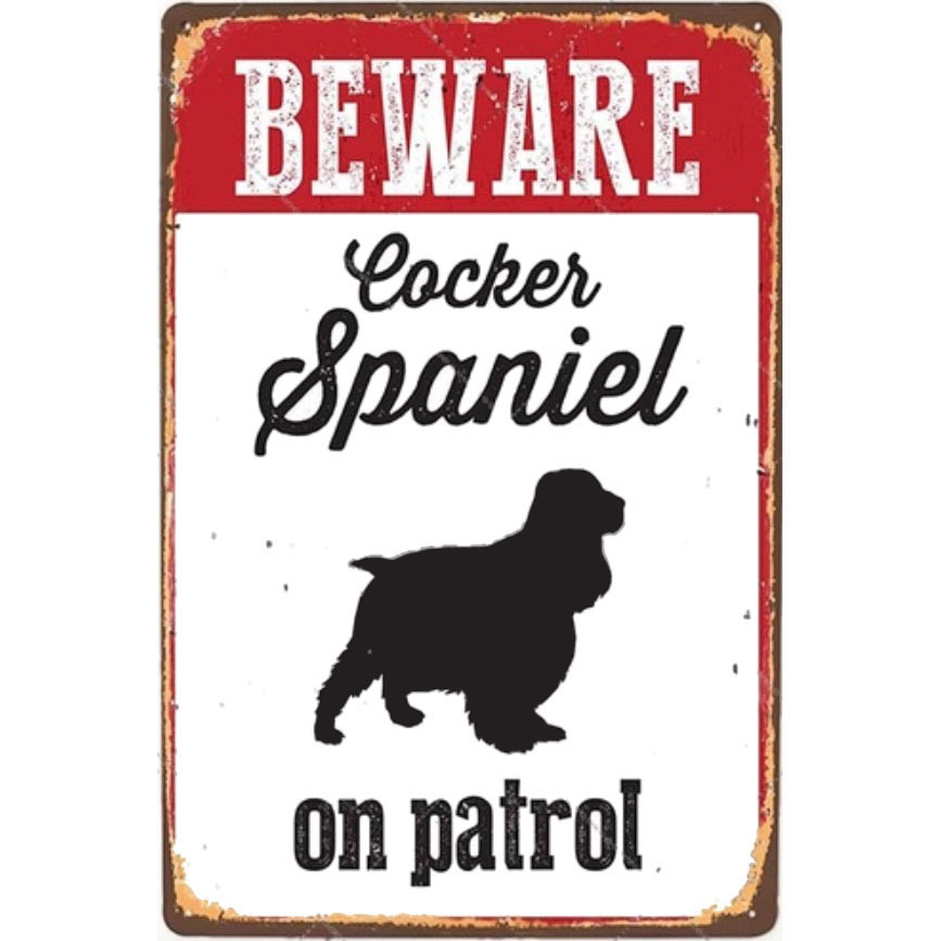 A2406 メタル サイン ブリキ 看板 金属 製 プレート レトロ 警告 注意 危険 防犯 犬 番犬 猛犬 コッカー スパニエル【2019拍卖