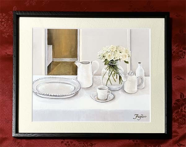 橋本不二子●真作●はしもと ふじこ●リトグラフ 版上サインあり■静物画 食卓 薔薇 花のある風景■1935年生まれ ボタニカルアート画家拍卖