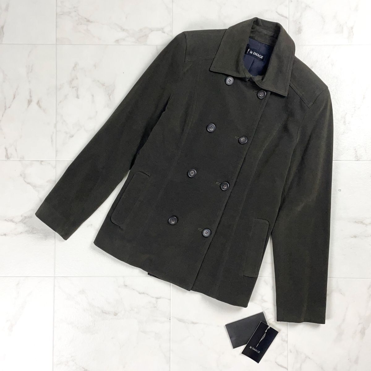 下げ札付き la IMAGE ラ・イマージュ カシミヤ混 ダブルボタンショートピーコート ジャケット レディース カーキ 濃緑 サイズ40*BD1030拍卖