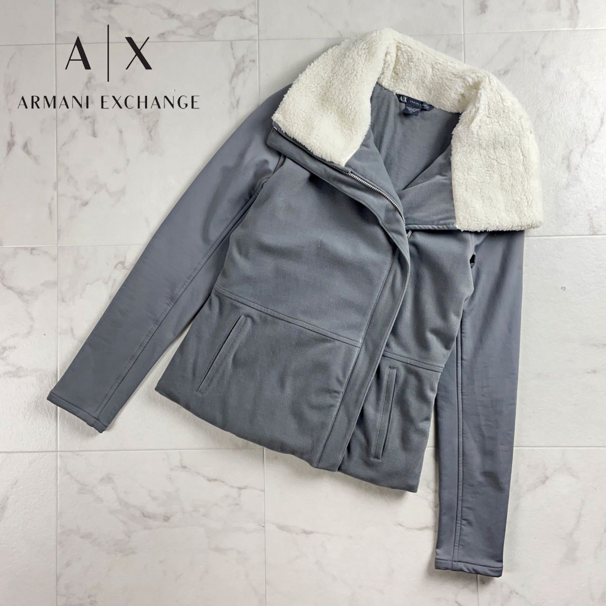 Armani Exchange アルマーニエクスチェンジ ボアジャケット ハイネック 長袖 異素材ドッキング レディース グレー サイズS*BD434拍卖