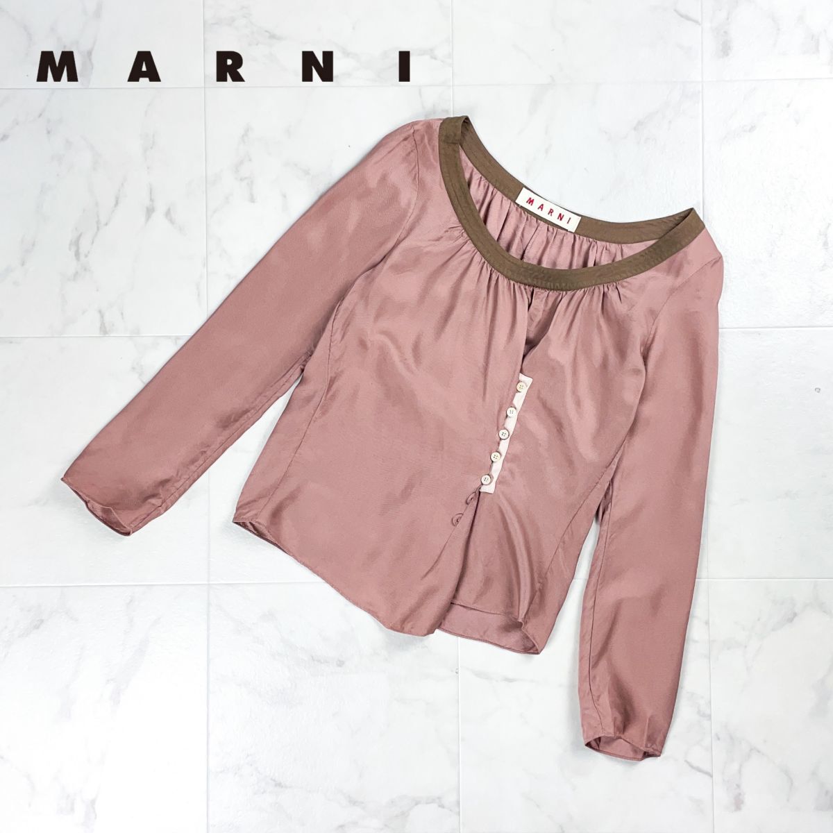 美品 MARNI マルニ シルク混ブラウス バレエネック 長袖 ギャザー レディース ピンク サイズ38*BD339拍卖