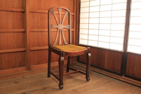 【旧家蔵出し】★レトロ 家具『良い色合い 古いチャーチチェア』★(検:ハイバックチェア/古家具/アンティーク/椅子/イス/当時物)0905E拍卖
