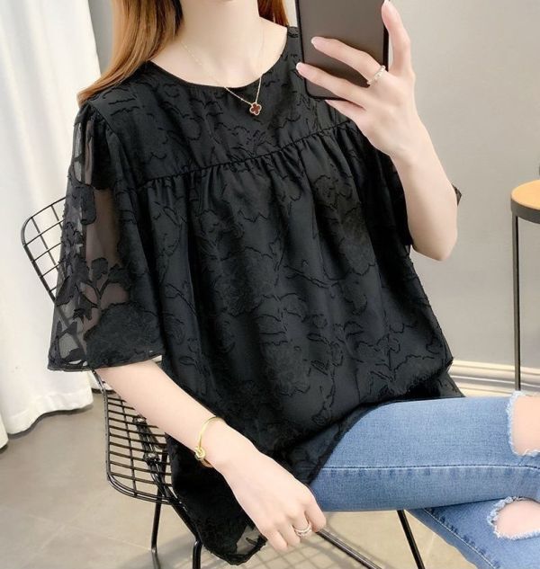 ★★★レディース トップス ブラウス ラウンドネック ゆったりサイズ 透け感 FX33拍卖