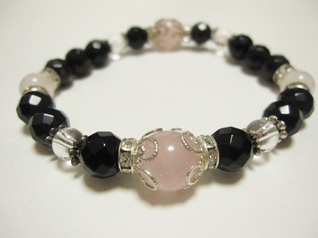 *送料無料*天然石*パワーストーンブレスレット*ローズクォーツ×ブラックオニキス*拍卖