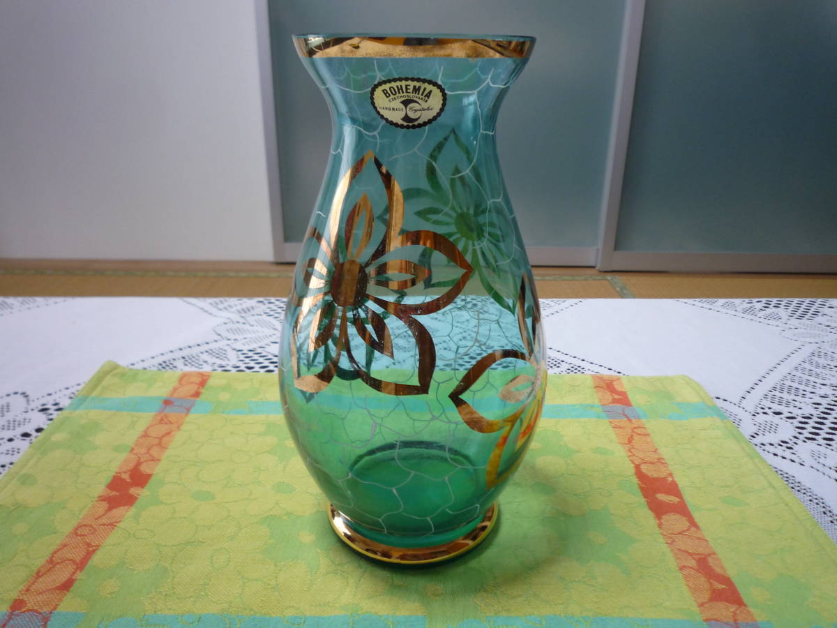 BOHEMIA 花瓶 チェコスロバキア フラワーベース グリーン 花柄拍卖