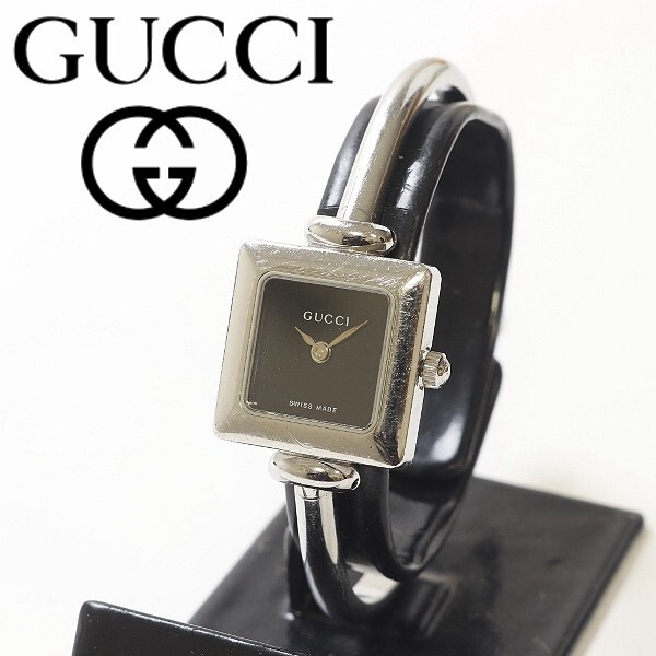 ◆GUCCI グッチ 1900L クォーツ スクエア バングル レディース 腕時計 シルバー×ブラック拍卖