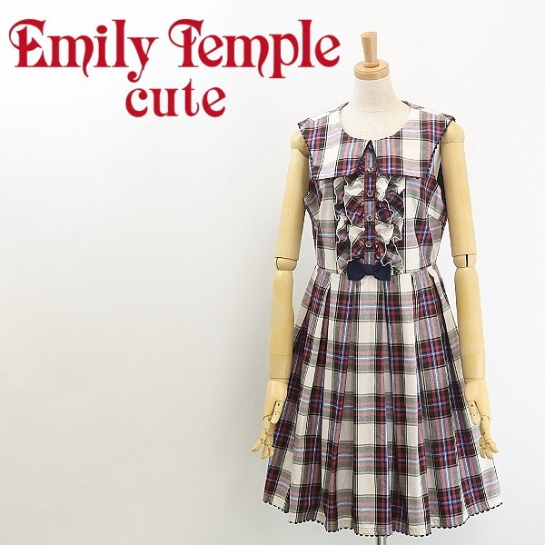 ◆Emily Temple cute エミリーテンプルキュート チェック柄 スクエアカラー フリル リボン コットン フレア ノースリーブ ワンピース拍卖