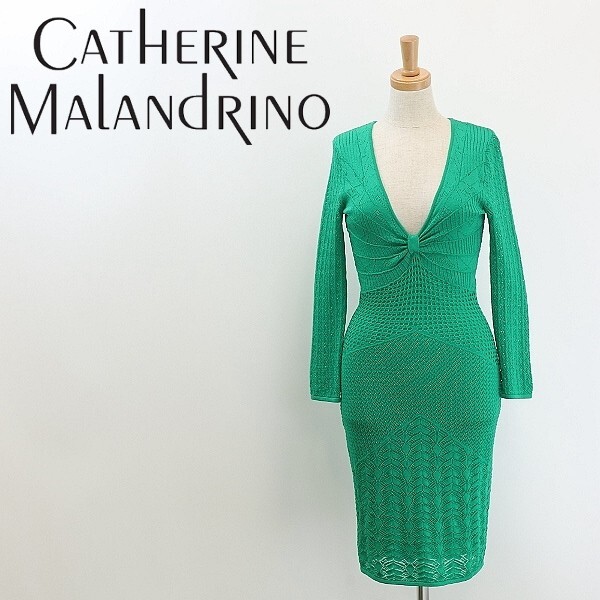美品◆CATHERINE MALANDRINO キャサリンマランドリーノ カギ編み タイト ニット ワンピース 緑 グリーン S/P拍卖