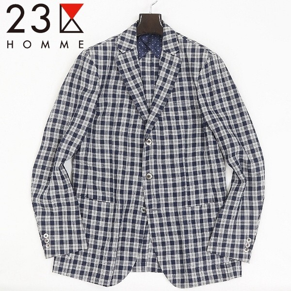 ◆23区 HOMME×伊オルメザーノ リネン100% チェック柄 3釦 ジャケット 50拍卖