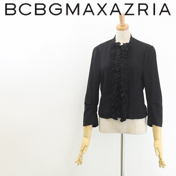 ◆BCBG MAXAZRIA マックスアズリア フリル 七分袖 タックスリーブ 薄手 ジャケット 黒 ブラック XS拍卖