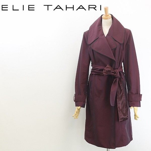 ◆ELIE TAHARI エリータハリ リボンベルト付 スプリング コート ボルドー×ブラック拍卖
