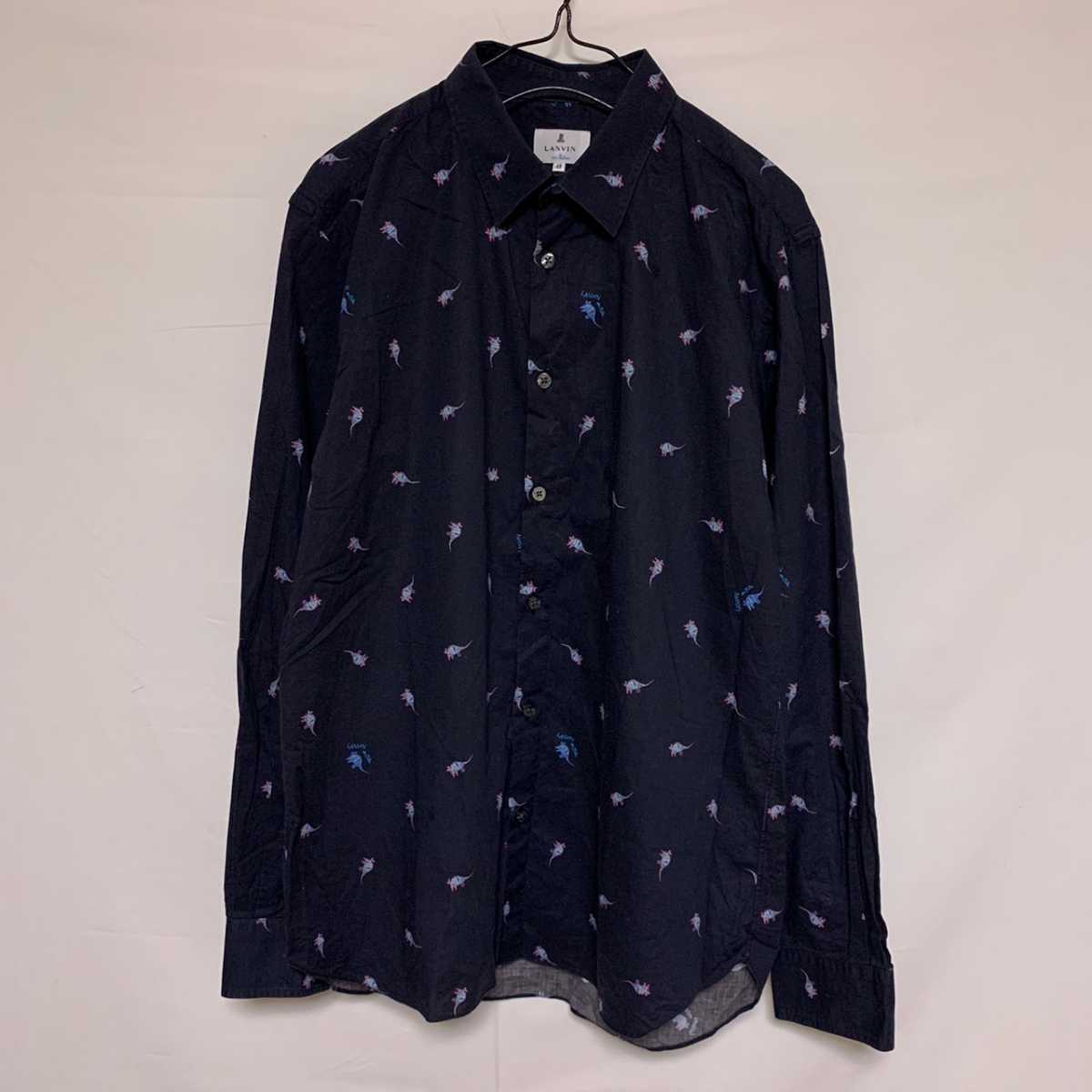LANVIN an Blue ランバン 長袖シャツ ネズミ 鼠 総柄 ネイビー 日本製拍卖