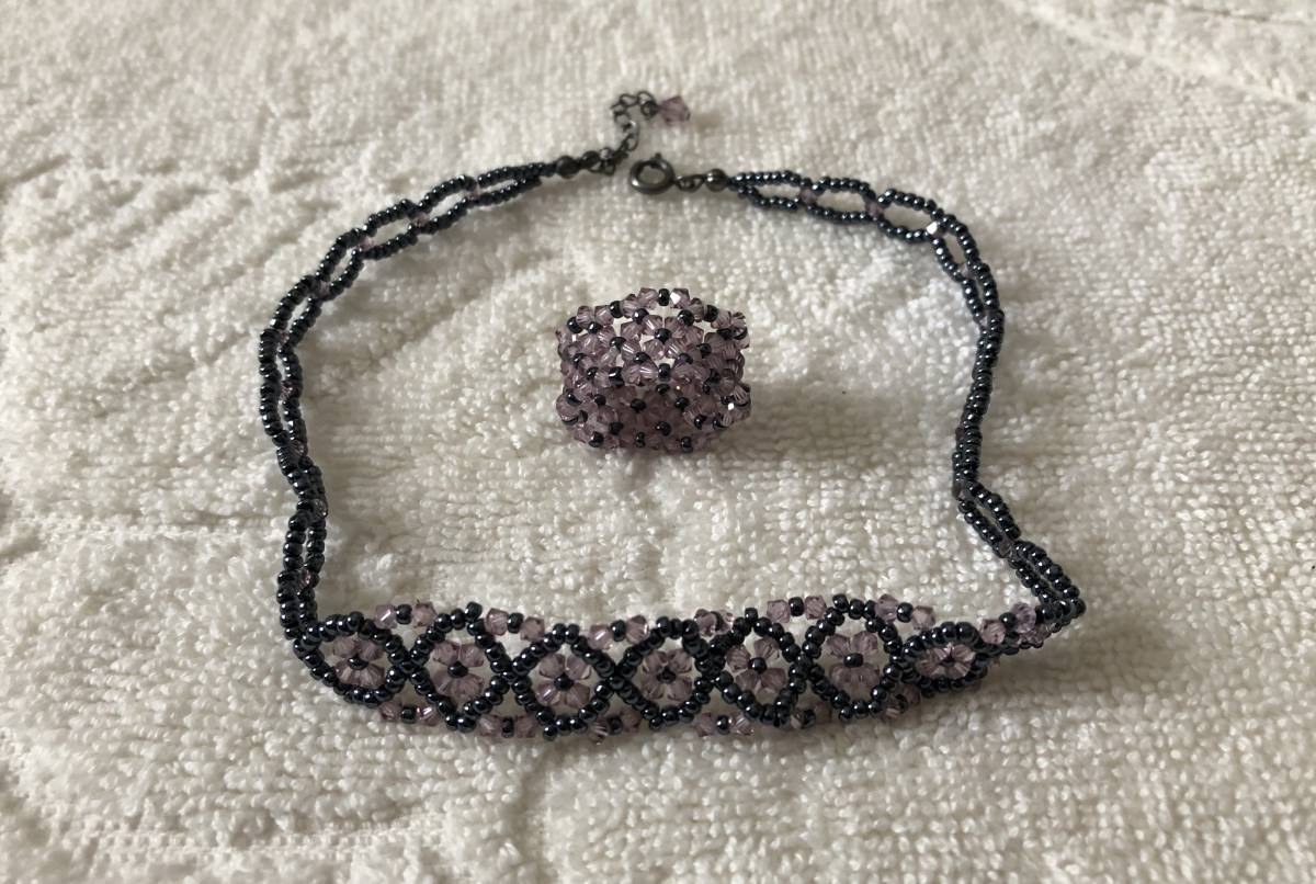 ビーズ・ヘマタイト リング&チョーカーセット パープル 拍卖