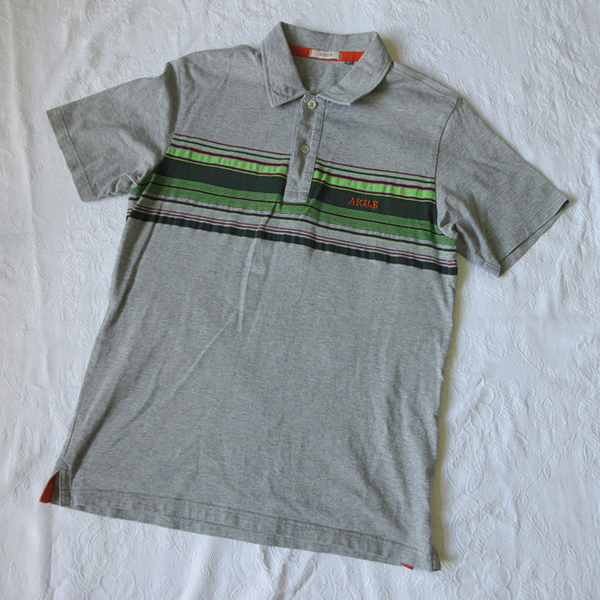 訳アリ■ AIGLE エーグル ポロシャツ S ボーダー 半袖 アウトドア グレー グリーン拍卖