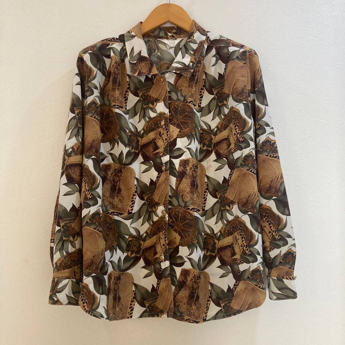 長袖総柄ポリシャツ ブラウン 茶 ホワイト レディース F拍卖