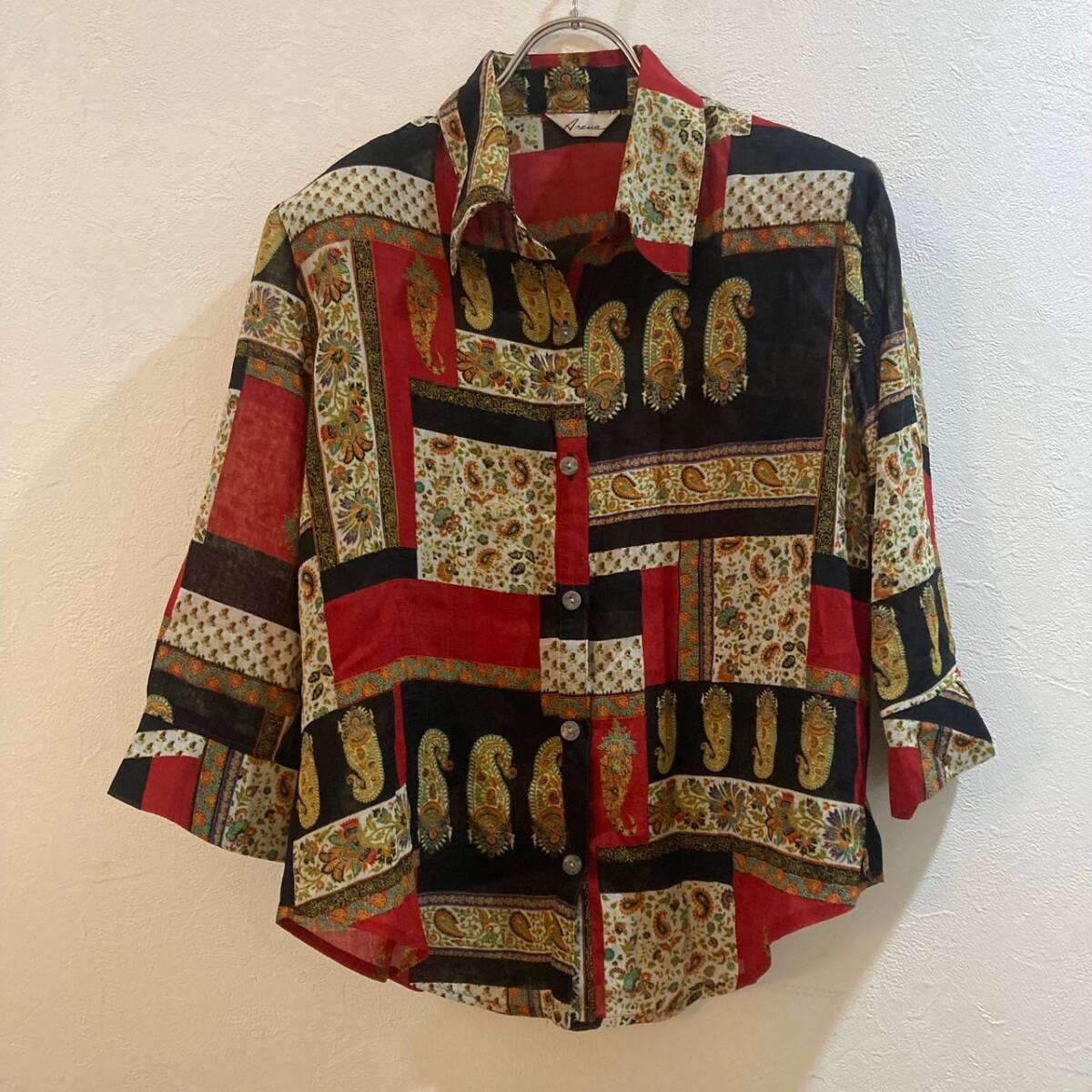デザインシャツ★半袖総柄ポリシャツ レッド ブラック レディース M拍卖