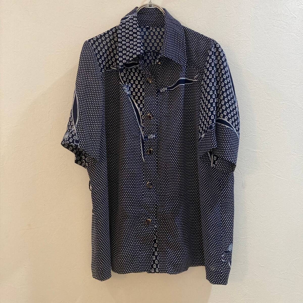 デザインシャツ★半袖総柄ポリシャツ ネイビー 紺 レディース 15号 日本製拍卖