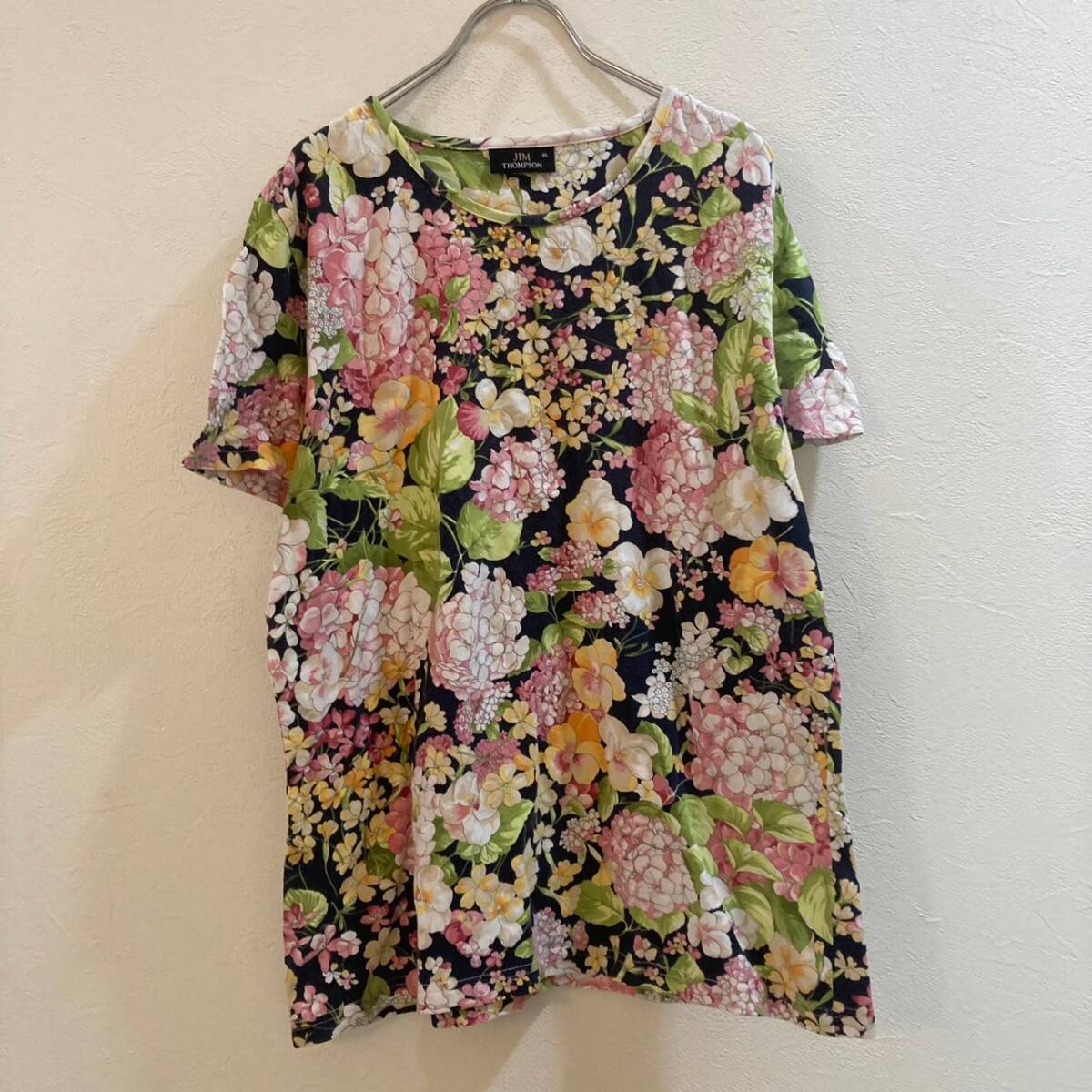 デザインシャツ★JIM THOMPSON/ 半袖総柄Tシャツ ブラック ピンク レディース XL拍卖