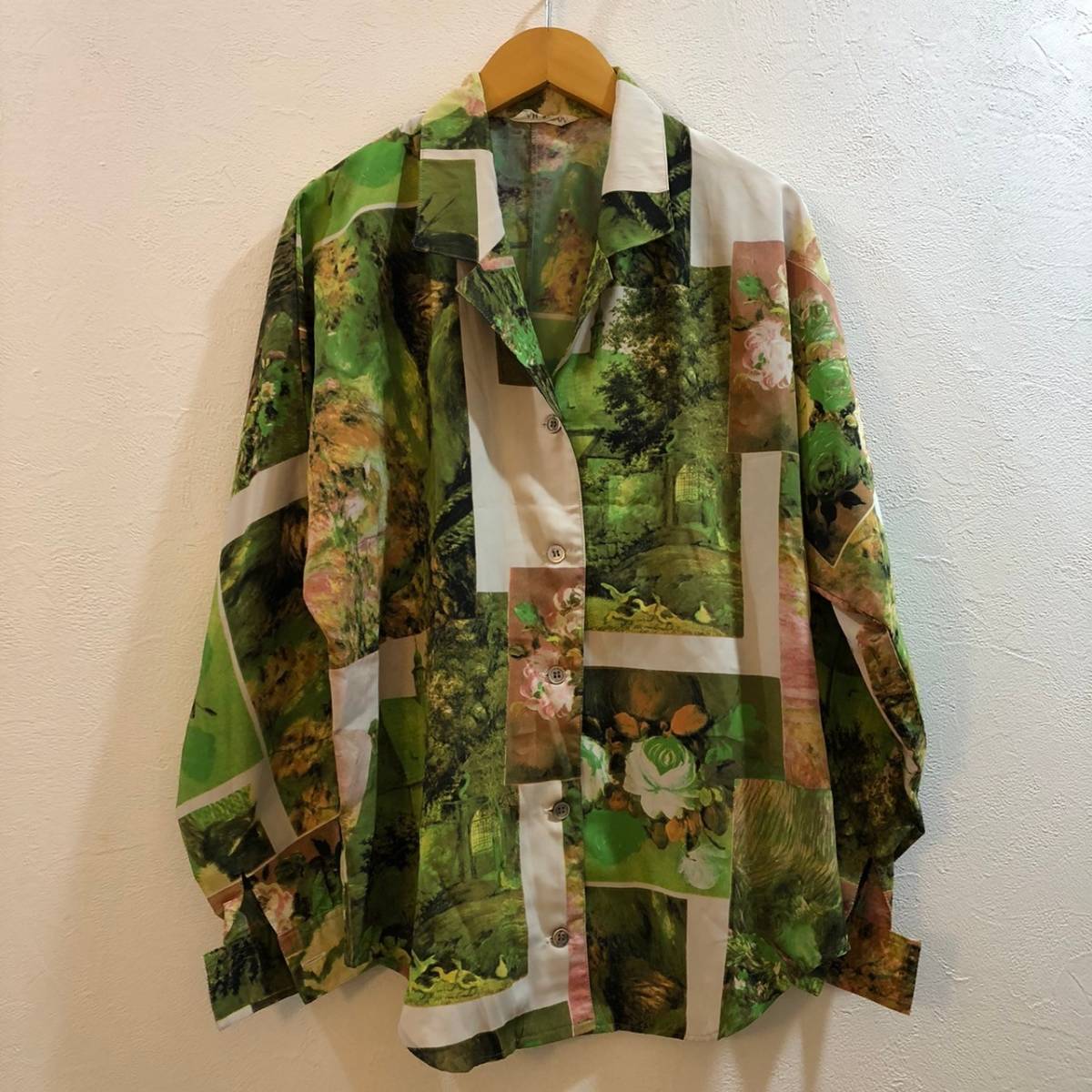 デザインシャツ★ALXLES BAIN/ 長袖 ポリシャツ グリーン 総柄 レディース F拍卖