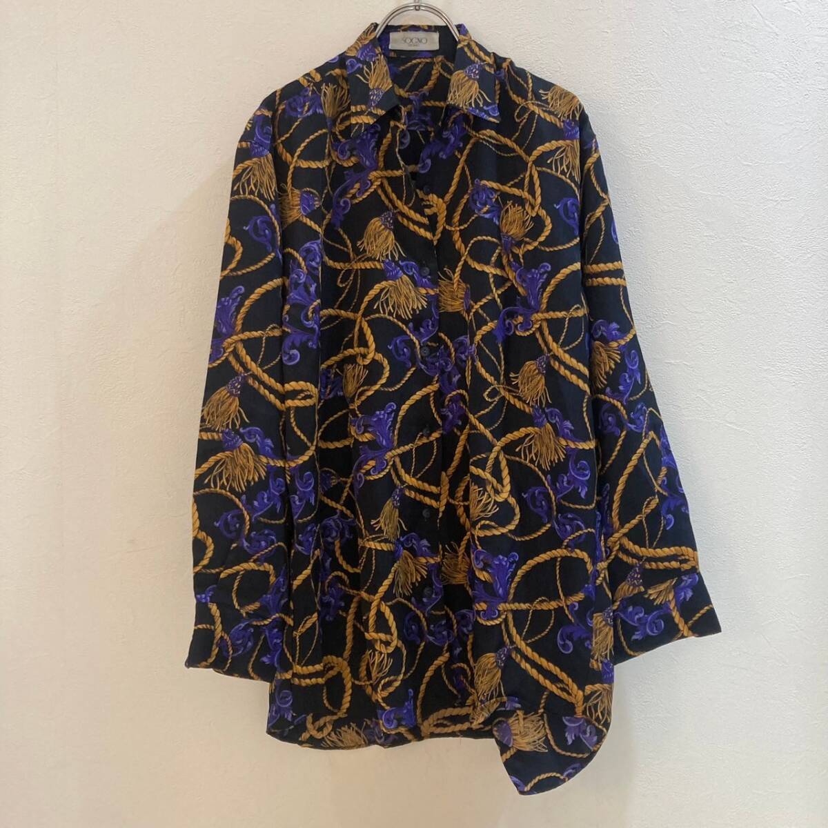 古着デザインシャツ★SOGNO/ 長袖ポリシャツ 総柄 ネイビー 紺 レディース F 日本製拍卖