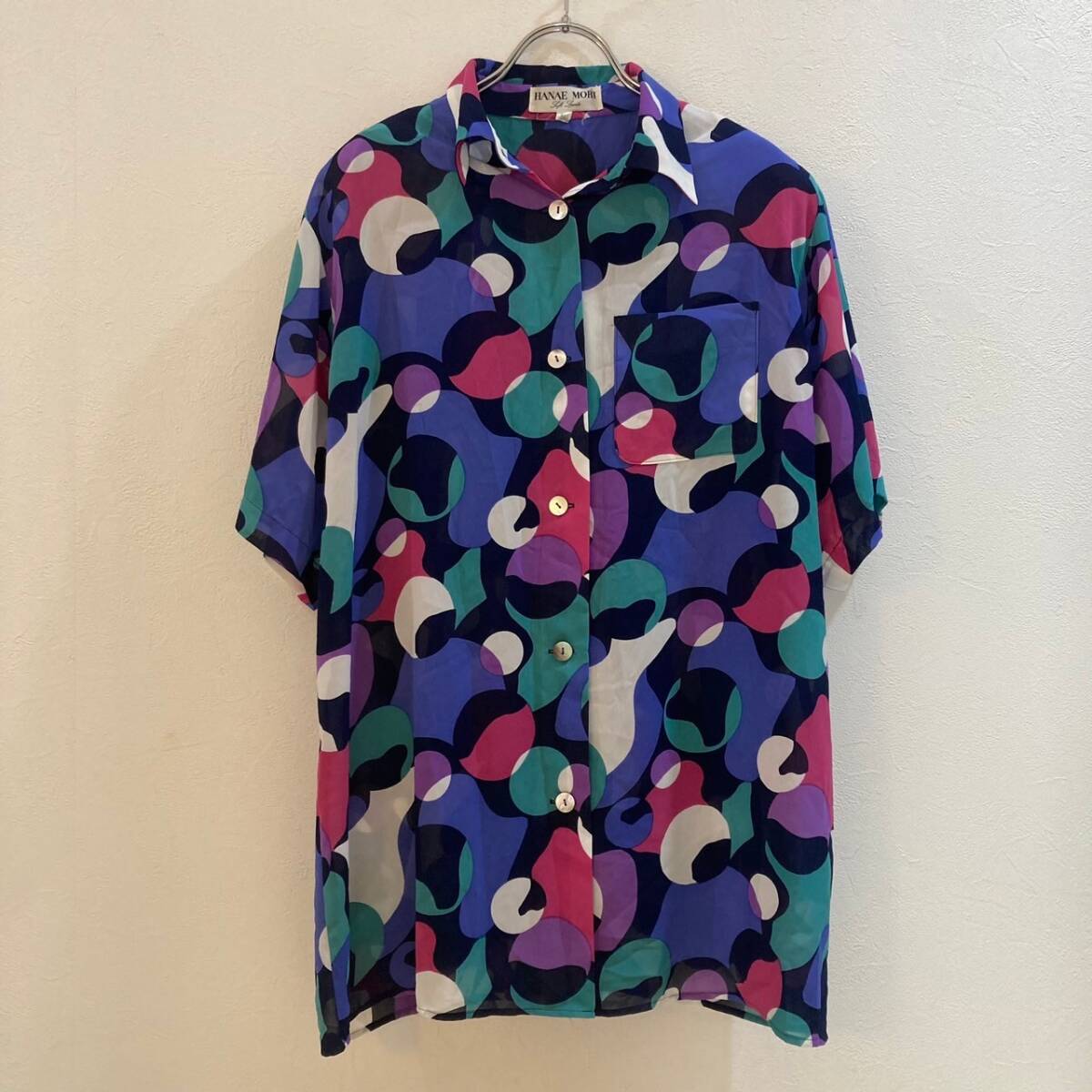 古着デザインシャツ★HANAE MORI/ハナエモリ 半袖柄ポリシャツ ブルー ネイビー ピンク レディース 9号拍卖
