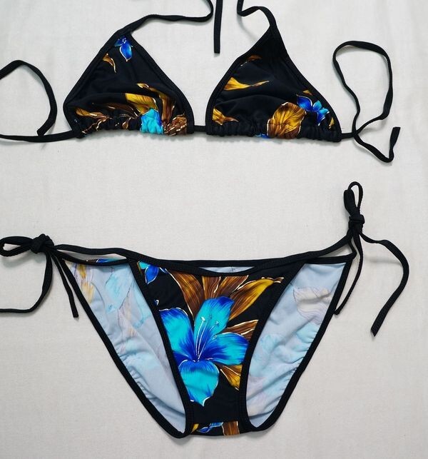 ★ローライズ紐ビキニ水着/スポーツビキニ水着/コスプレ水着/ブラックトロピカルフラワーT3拍卖