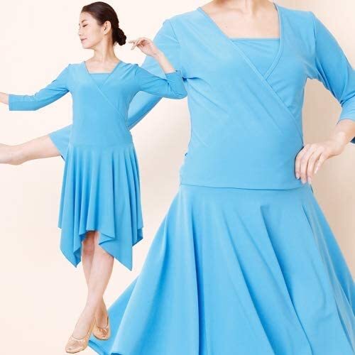 新品●送料無料 社交ダンス●ワンピース ピーターパンカット 無地爽やかな水色 ライトブルー レッスン着 サイズF拍卖
