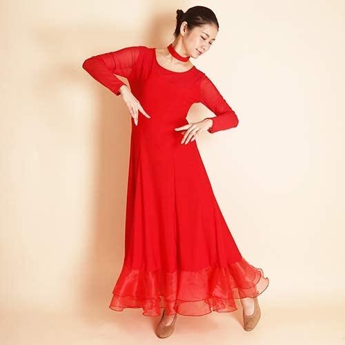 新品●社交ダンスダンス ドレス赤 裾オーガンジードレス シンプルで 安心 赤 レッド ロングドレス カラオケステージ拍卖