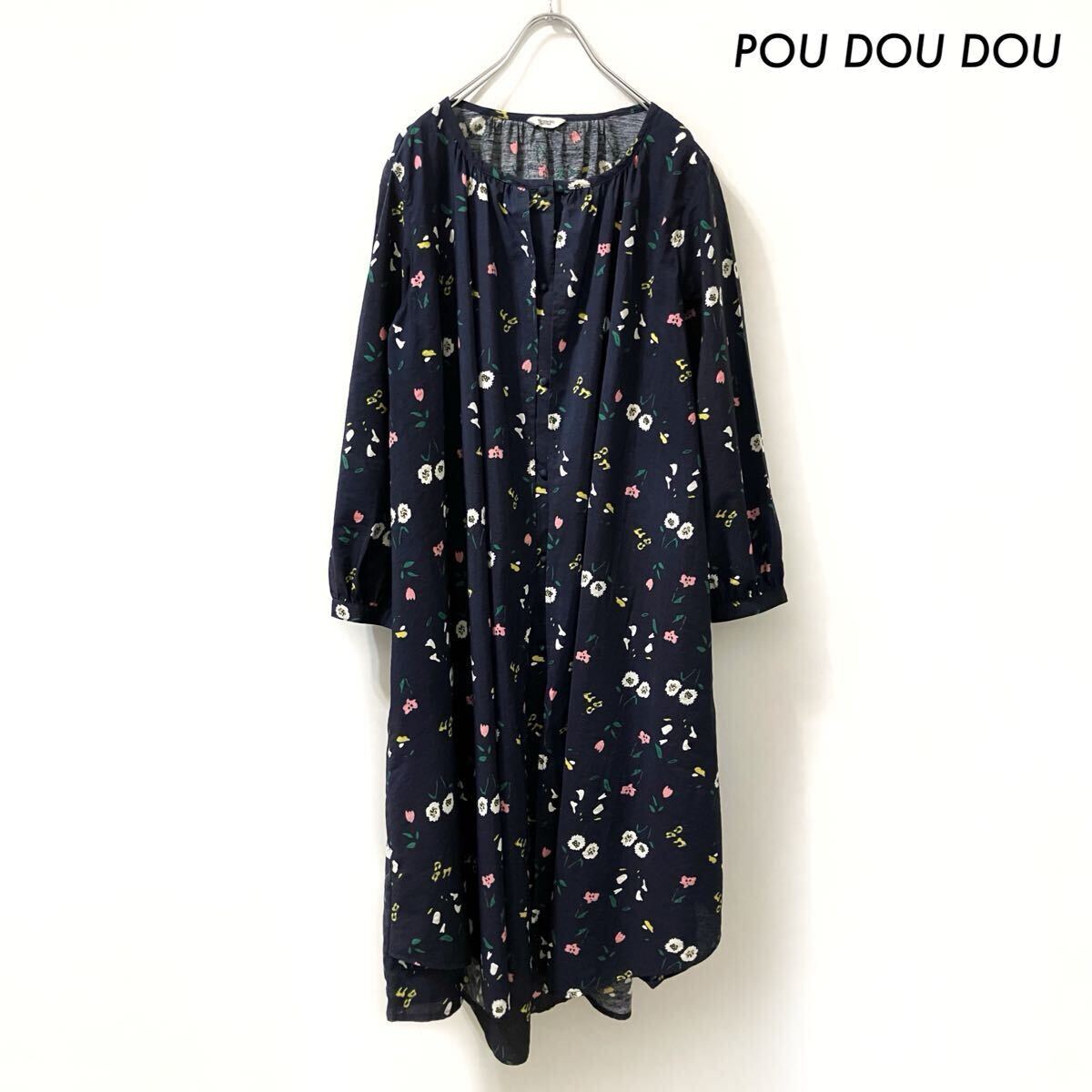 【送料無料】POU DOU DOU プードゥドゥ★花柄 長袖シャツワンピース ネイビー 紺拍卖