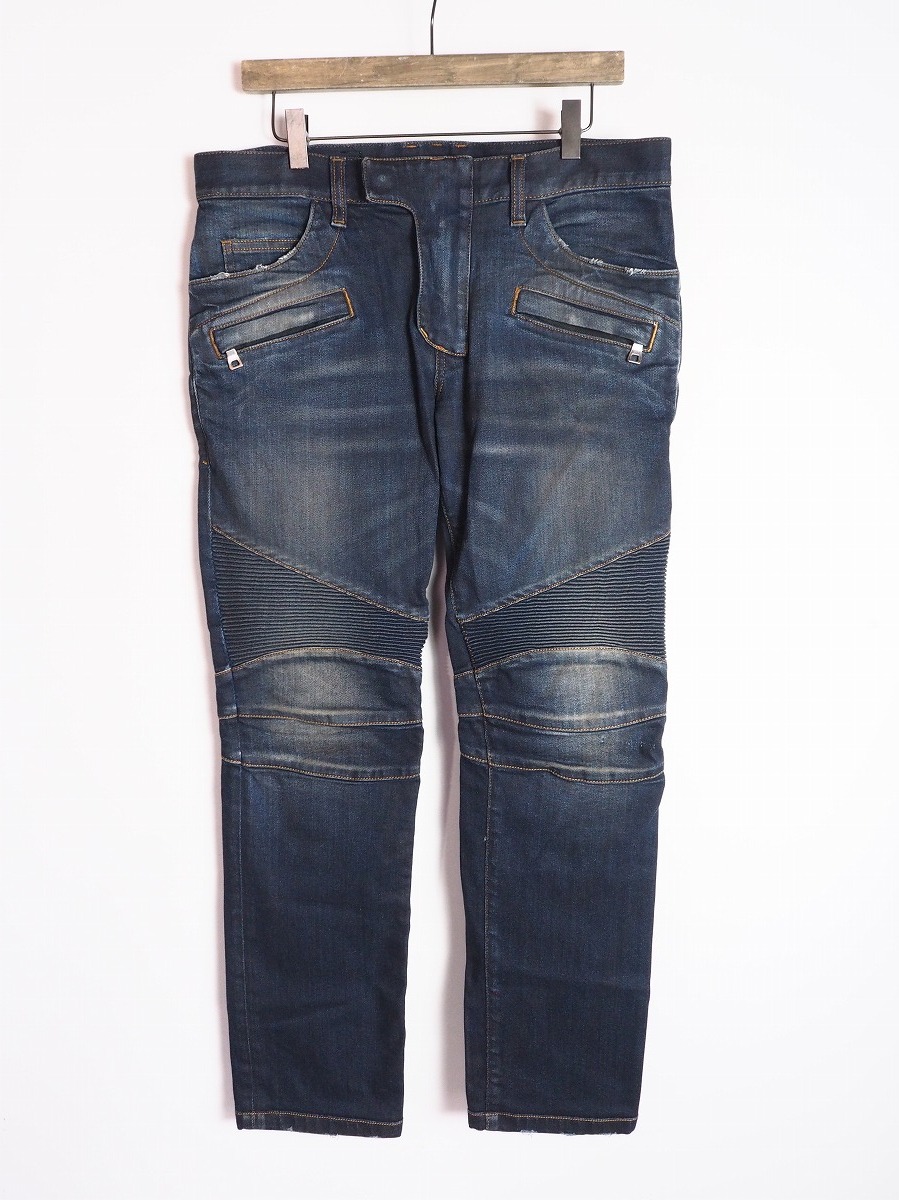 正規 美品 16AW BALMAIN HOMME バルマン オム ストレッチ バイカー デニム パンツ インディゴ 泥加工 W6HD551D502 本物 紺517P▲拍卖