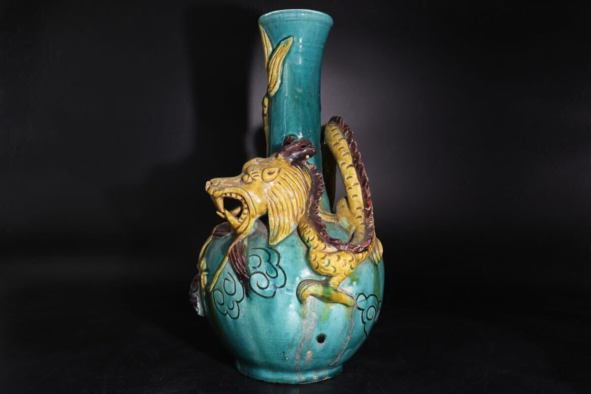 時代 三彩 交趾 龍紋 花瓶 / 中国美術 唐三彩 交趾焼 細工物 花器 壺 煎茶飾 .G1632 拍卖