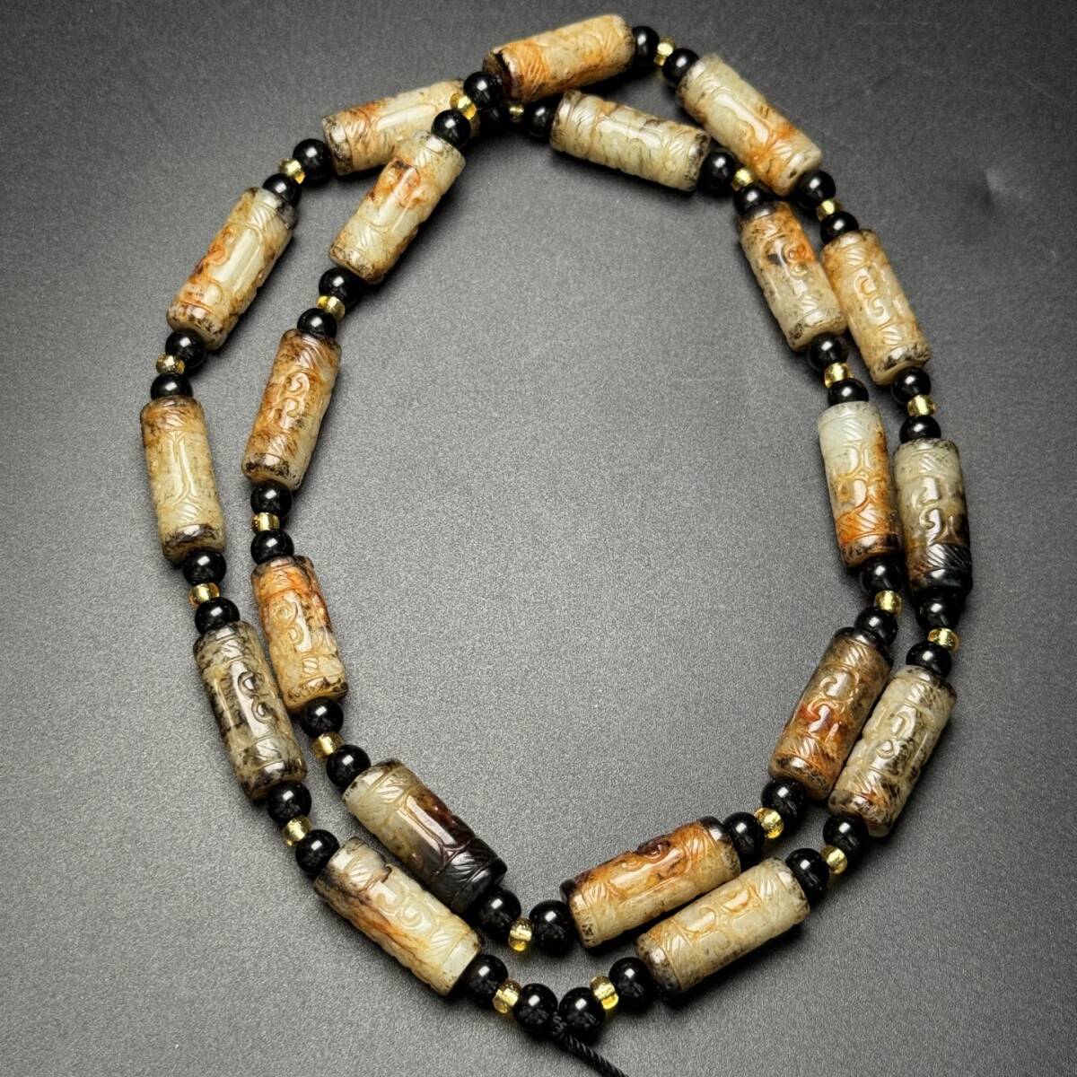 旧蔵 清 玉彫 和田玉 高古玉項鏈 彫刻如意紋 吉祥如意 玉質温潤 包漿醇厚 極細工 中国古玩 古美術 骨董品 205-02拍卖