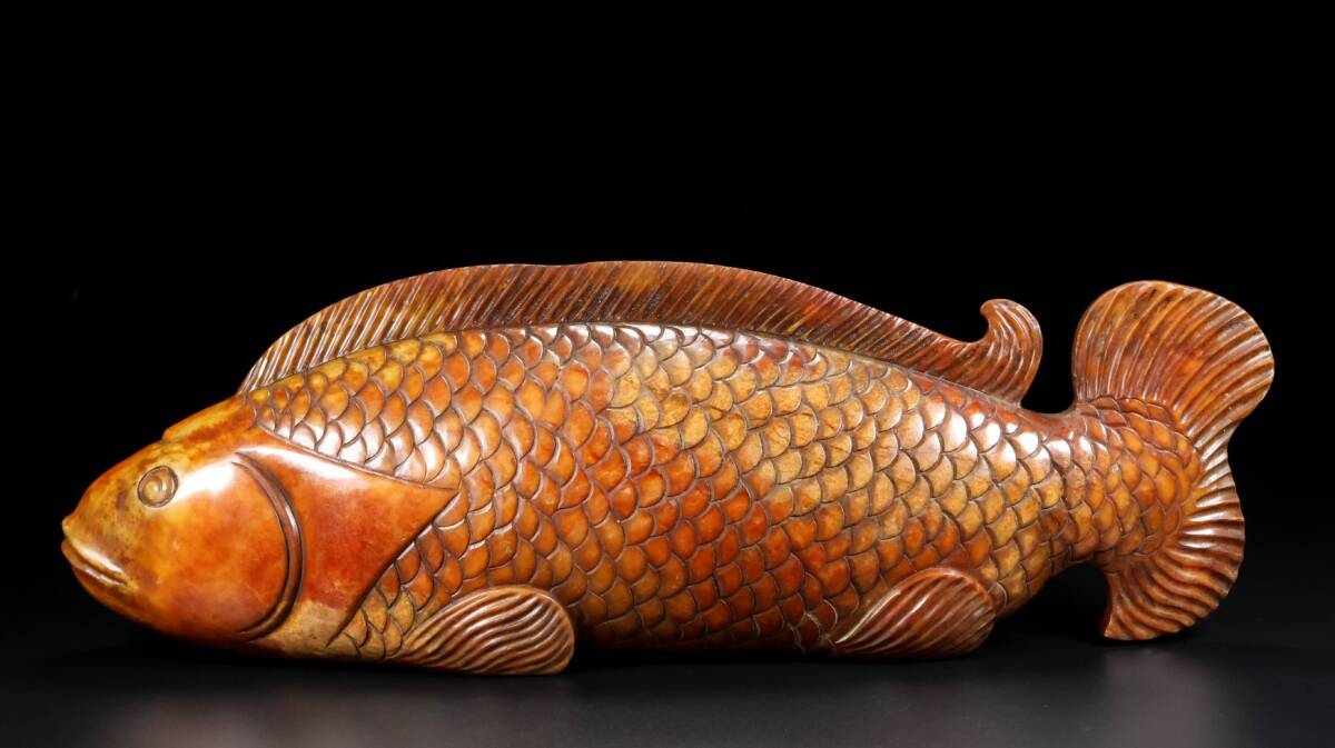 旧蔵 清 玉彫 和田老玉 「鯉躍龍門」置物 極細工 中国古玩 骨董品 205-19拍卖