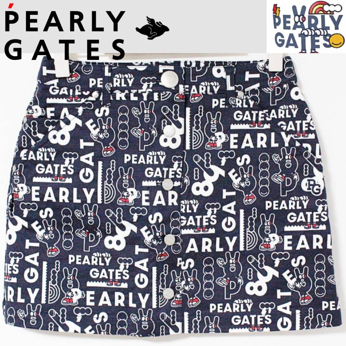 新品 パーリーゲイツ PGキャラクター総柄 ストレッチスカート Mサイズ(ウエスト約74-78cm)紺 K5059拍卖