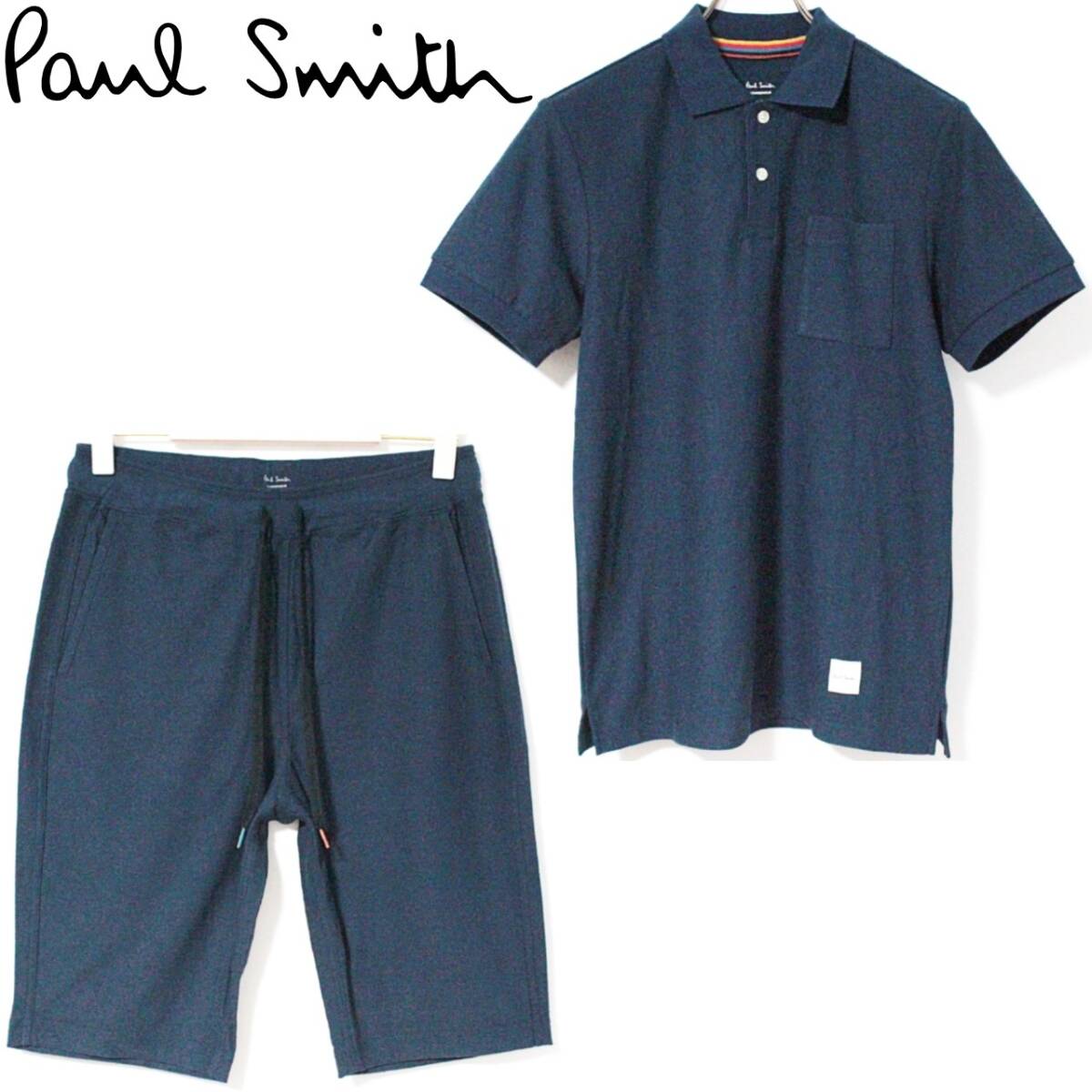 新品 ポールスミス ストライプアクセント 梨地ポロシャツ ハーフパンツ 上下セット Mサイズ 紺 K5147拍卖