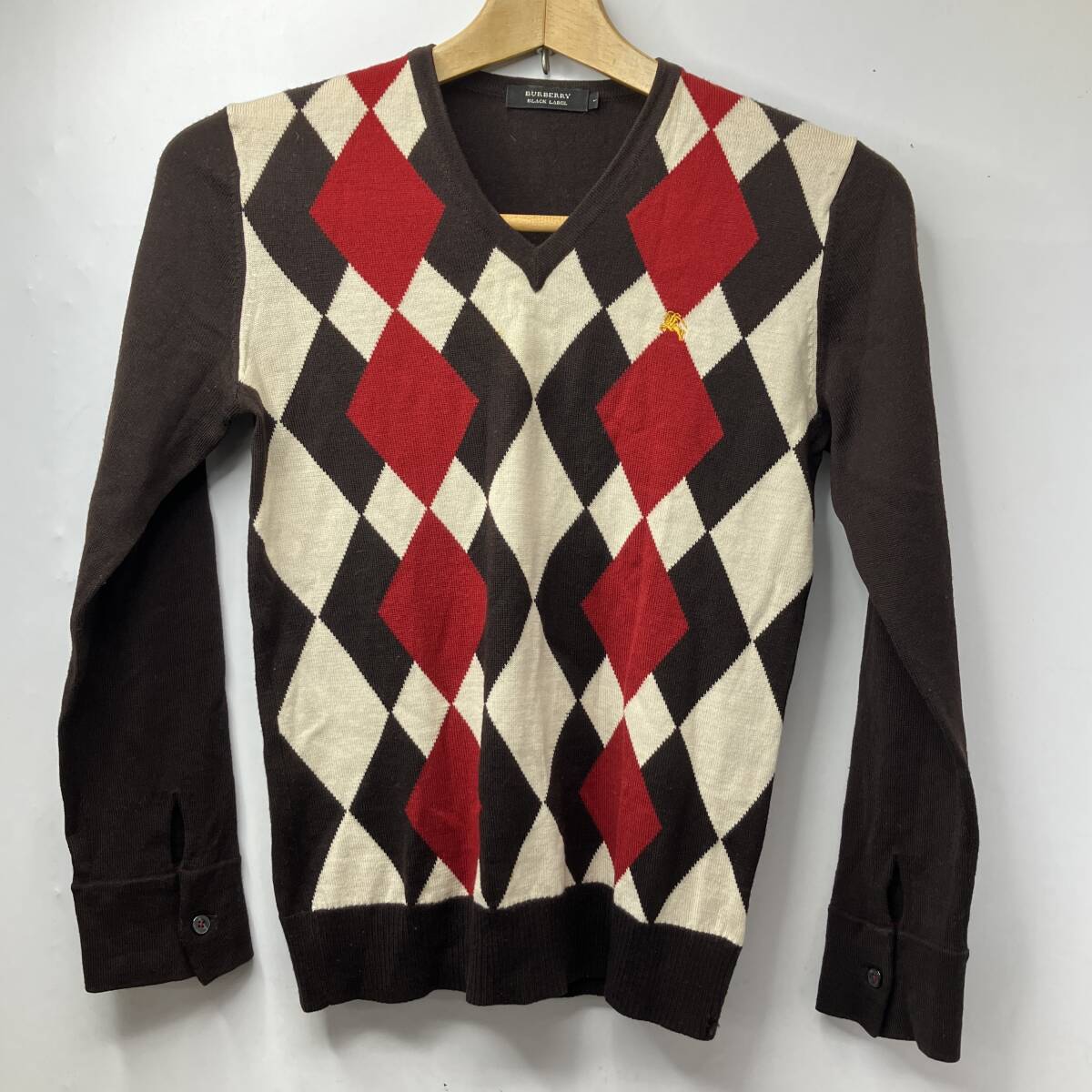 (志)BURBERRY BLACK LABEL/ウール100% Vネック長袖ニット セーター アーガイルチェック ホース刺繍 バーバリー ブラックレーベル(I)0514W拍卖